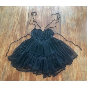 Black Polka Dot Mesh Tiered Ruffle Mini Dress Coquette Balletcore Tie Strap